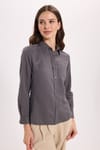 Kadın Slim Fit Dar Kesim Uzun Kollu Pamuklu Vücuda Oturan Dokulu Antrasit Basic Gömlek