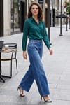 Kadın Slim Fit Dar Kesim Uzun Kollu Pamuklu Vücuda Oturan Dokulu Yeşil Basic Gömlek