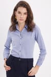 Kadın Slim Fit Dar Kesim Uzun Kollu Pamuklu Vücuda Oturan Dokulu Açık Lacivert Basic Gömlek