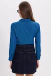 Kadın Slim Fit Dar Kesim Uzun Kollu Pamuklu Vücuda Oturan Dokulu Açık Petrol Basic Gömlek