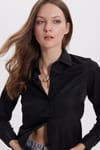 Kadın Slim Fit Dar Kesim Vücuda Oturan Uzun Kollu Siyah Basic Gömlek