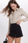 Kadın Slim Fit Dar Kesim Vücuda Oturan Uzun Kollu Açık Bej Basic Gömlek