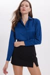 Kadın Slim Fit Dar Kesim Vücuda Oturan Uzun Kollu Lacivert Basic Gömlek