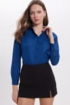 Kadın Slim Fit Dar Kesim Vücuda Oturan Uzun Kollu Lacivert Basic Gömlek