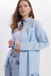Kadın Oversize Geniş Kesim %100 Pamuk Müslin Kumaş Uzun Kollu Cepli Dokulu Mavi Gömlek