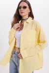 Kadın Oversize Geniş Kesim %100 Pamuk Müslin Kumaş Uzun Kollu Cepli Dokulu Sarı Gömlek