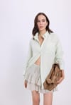 Kadın Oversize Geniş Kesim %100 Pamuk Müslin Kumaş Uzun Kollu Cepli Dokulu Açık Mint Gömlek