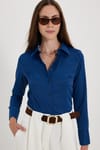 Kadın Slim Fit Dar Kesim Pensli Vucüda Oturan Klasik Yaka Uzun Kollu Likralı Lacivert Gömlek