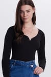 Kadın Slim Fit Dar Kesim Pamuklu V Yaka Siyah Bluz