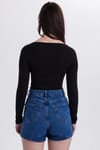 Kadın Slim Fit Dar Kesim Pamuklu V Yaka Siyah Bluz