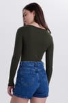 Kadın Slim Fit Dar Kesim Pamuklu V Yaka Haki Bluz