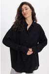 Kadın Oversize Rahat Kesim Uzun Kollu Düz Viskonlu Siyah Gömlek