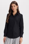 Kadın Slim Fit Dar Kesim %100 Pamuk Spor Yaka Gizli Pat Uzun Kollu Düz Oxford Leke Tutmaz Siyah Gömlek