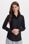 Kadın Slim Fit Dar Kesim %100 Pamuk Spor Yaka Gizli Pat Uzun Kollu Düz Oxford Leke Tutmaz Siyah Gömlek