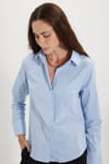 Kadın Slim Fit Dar Kesim Pamuklu Uzun Kollu Çizgili Mavi Kadın Gömlek