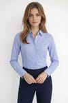 Kadın Slim Fit Dar Kesim Pamuklu Uzun Kollu Çizgili Mavi Kadın Gömlek