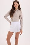 Kadın Slim Fit Dar Kesim Uzun Kollu Çizgili Bej Gömlek