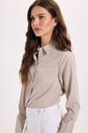 Kadın Slim Fit Dar Kesim Uzun Kollu Çizgili Bej Gömlek