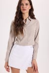 Kadın Slim Fit Dar Kesim Uzun Kollu Çizgili Bej Gömlek
