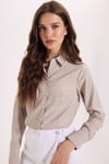 Kadın Slim Fit Dar Kesim Uzun Kollu Çizgili Bej Gömlek