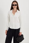 Kadın Slim Fit Dar Kesim Çizgili Viskon Yumuşak Dokulu Uzun Kollu Pensli Ekru Gömlek
