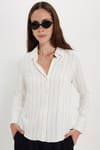 Kadın Slim Fit Dar Kesim Çizgili Viskon Yumuşak Dokulu Uzun Kollu Pensli Ekru Gömlek