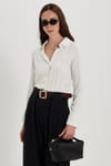 Kadın Slim Fit Dar Kesim Çizgili Viskon Yumuşak Dokulu Uzun Kollu Pensli Ekru Gömlek