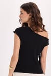 Kadın Slim Fit Dar Kesim Kısa Kollu Kayık Yaka Siyah Bluz