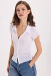 Kadın Slim Fit Dar Kesim Kısa Kollu Gömlek Yaka Beyaz Gömlek