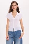 Kadın Slim Fit Dar Kesim Kısa Kollu Gömlek Yaka Beyaz Gömlek