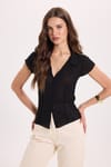 Kadın Slim Fit Dar Kesim Kısa Kollu Gömlek Yaka Siyah Gömlek