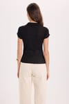 Kadın Slim Fit Dar Kesim Kısa Kollu Gömlek Yaka Siyah Gömlek
