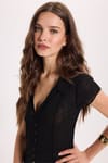 Kadın Slim Fit Dar Kesim Kısa Kollu Gömlek Yaka Siyah Gömlek