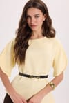 Kadın Slim Fit Dar Kesim Kol Detaylı İnce Kemerli Fermuarlı Sarı Bluz