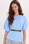 Kadın Slim Fit Dar Kesim Kol Detaylı İnce Kemerli Fermuarlı Mavi Bluz
