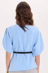 Kadın Slim Fit Dar Kesim Kol Detaylı İnce Kemerli Fermuarlı Mavi Bluz