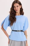 Kadın Slim Fit Dar Kesim Kol Detaylı İnce Kemerli Fermuarlı Mavi Bluz