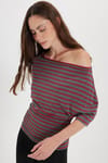 Kadın Regular Fit Klasik Kesim Asimetrik Yaka Yarasa Kol Çizgili Likralı Bordo Viskon Crop Bluz