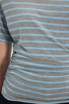 Kadın Regular Fit Klasik Kesim Asimetrik Yaka Yarasa Kol Çizgili Likralı Mavi Viskon Crop Bluz