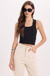 Kadın Slim Fit Dar Kesim Kalın Askılı Kare Yaka Siyah Atlet Bluz