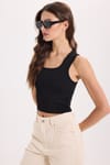 Kadın Slim Fit Dar Kesim Kalın Askılı Kare Yaka Siyah Atlet Bluz