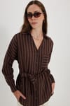 Kadın Oversize Geniş Kesim Uzun Kollu Pamuklu Beli Kuşaklı Çizgili Cepli Kahverengi Gömlek 