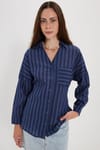 Kadın Oversize Geniş Kesim Uzun Kollu Pamuklu Beli Kuşaklı Çizgili Cepli Lacivert Gömlek 