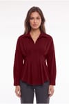 Kadın Regular Fit Klasik Kesim Uzun Kollu Terycotton Kumaş Pileli Bordo Gömlek