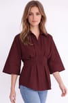 Kadın Regular Fit Klasik Kesim Kısa Kollu Terycotton Kumaş Pileli Bordo Gömlek
