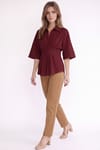 Kadın Regular Fit Klasik Kesim Kısa Kollu Terycotton Kumaş Pileli Bordo Gömlek
