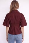 Kadın Regular Fit Klasik Kesim Kısa Kollu Terycotton Kumaş Pileli Bordo Gömlek