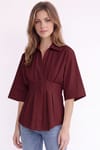 Kadın Regular Fit Klasik Kesim Kısa Kollu Terycotton Kumaş Pileli Bordo Gömlek