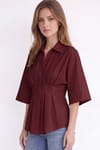 Kadın Regular Fit Klasik Kesim Kısa Kollu Terycotton Kumaş Pileli Bordo Gömlek
