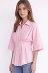 Kadın Regular Fit Klasik Kesim Kısa Kollu Terycotton Kumaş Pileli Pembe Gömlek
